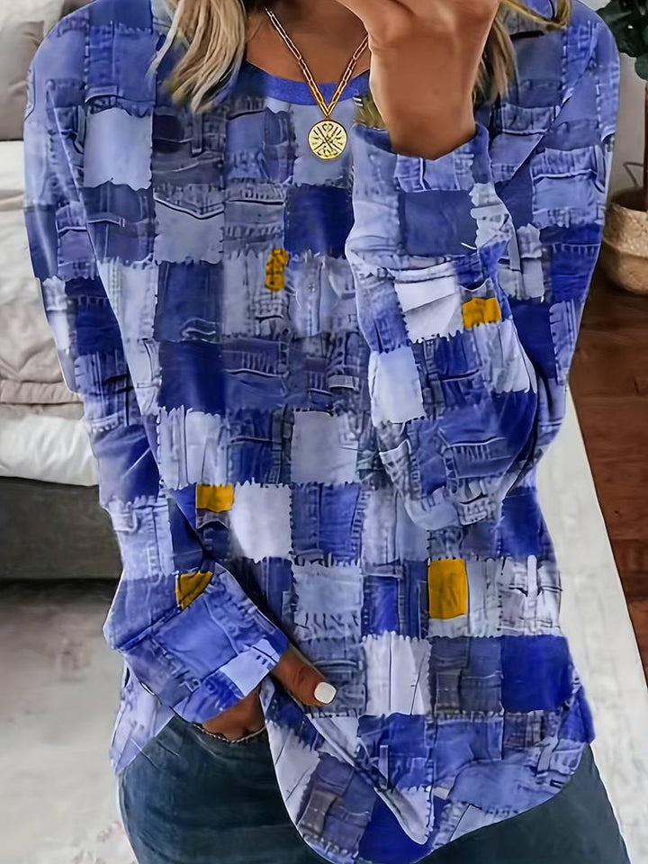 TALYA CASUAL LONG-SLEEVE PLAID PATCHWORK TOP