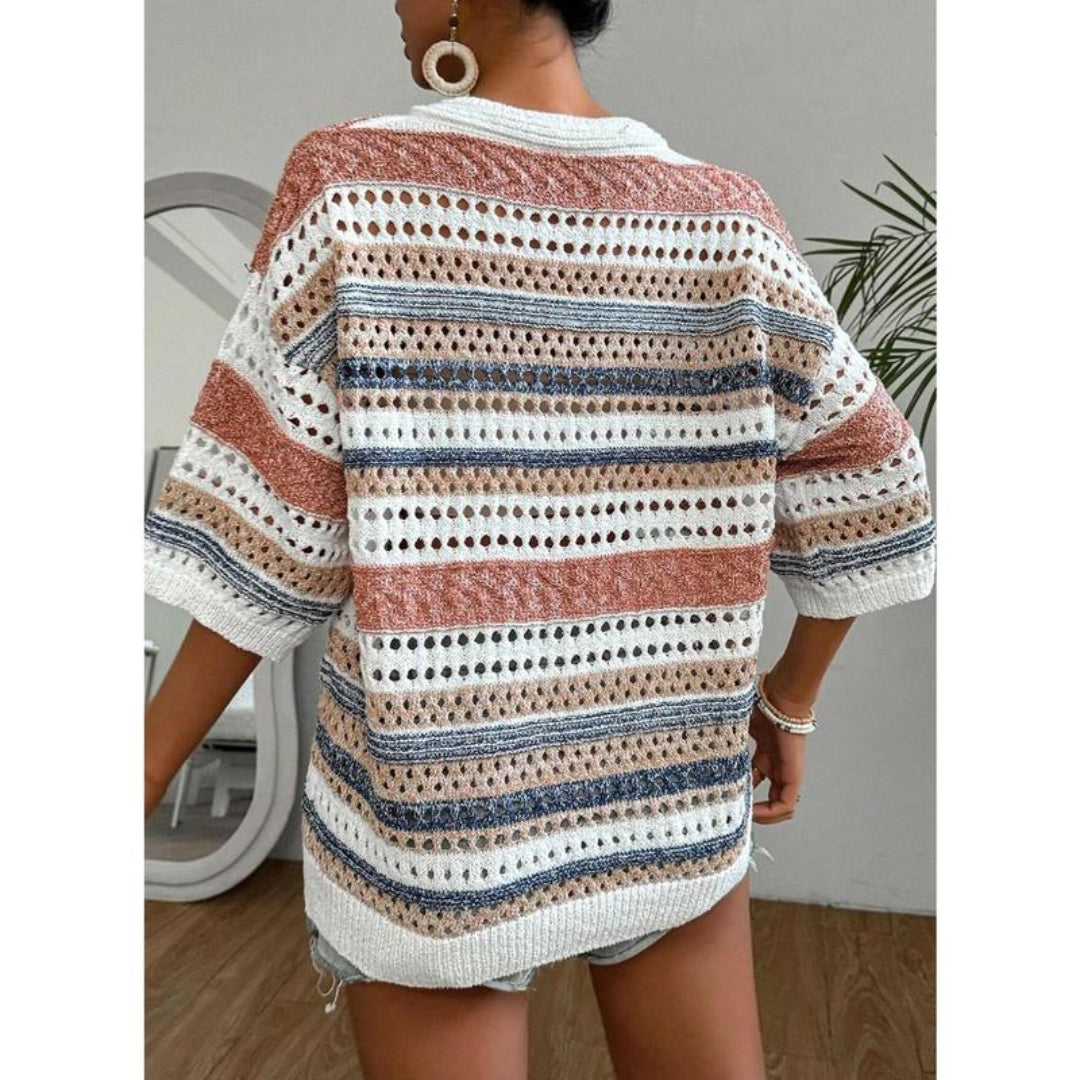 KELISE STRIPED CROCHET V-NECK SUMMER TOP
