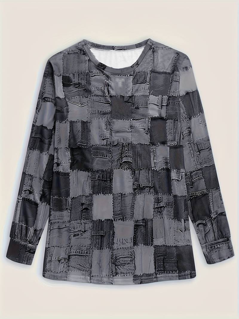 TALYA CASUAL LONG-SLEEVE PLAID PATCHWORK TOP
