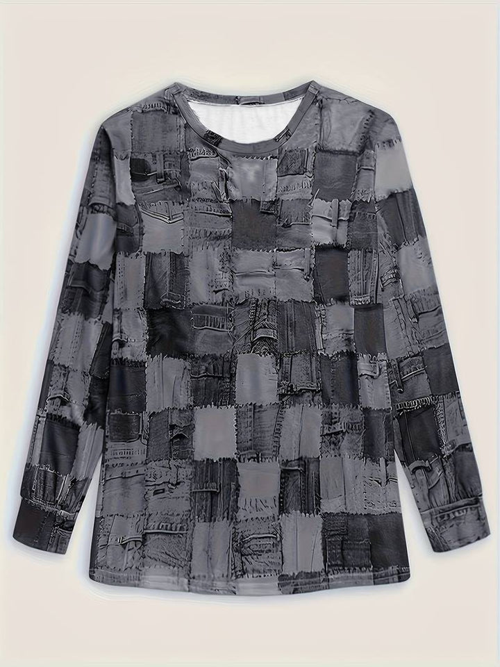 TALYA CASUAL LONG-SLEEVE PLAID PATCHWORK TOP