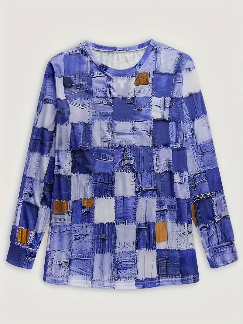 TALYA CASUAL LONG-SLEEVE PLAID PATCHWORK TOP
