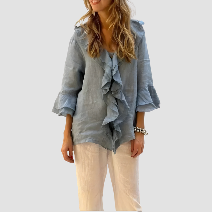 BELLE COTTON-LINEN RUFFLED BLOUSE