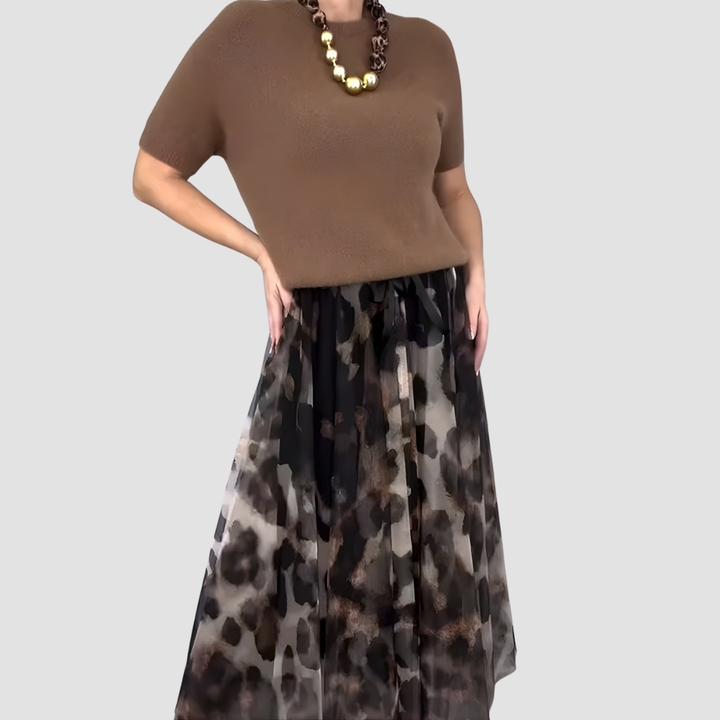 ORLI ELEGANT SWEATER & FLORAL LEOPARD SKIRT SET