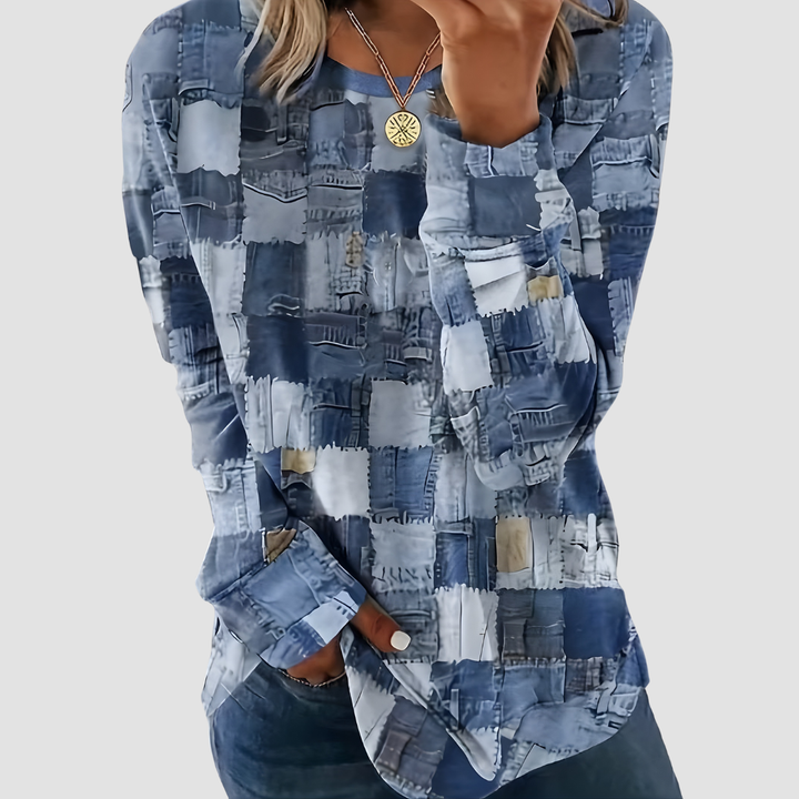 TALYA CASUAL LONG-SLEEVE PLAID PATCHWORK TOP