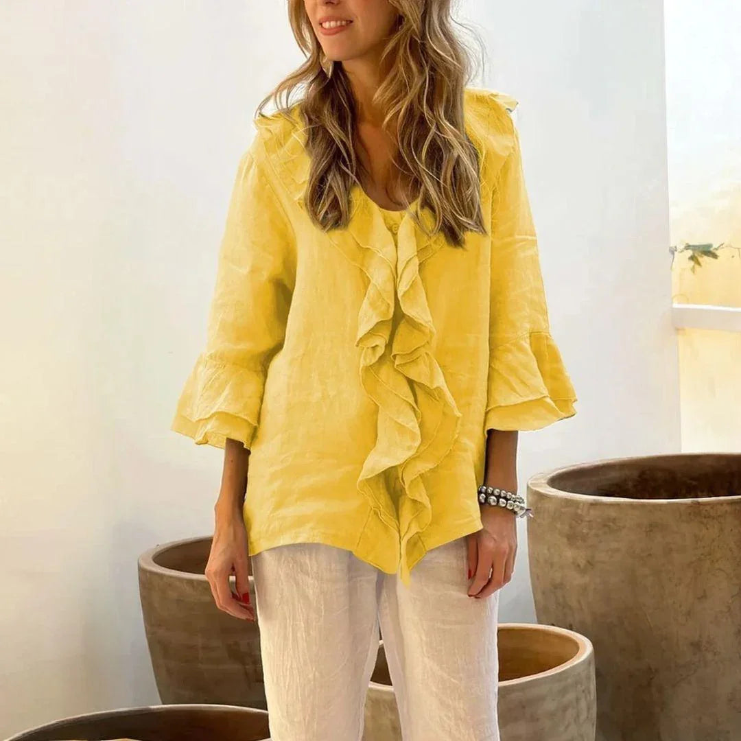 BELLE COTTON-LINEN RUFFLED BLOUSE