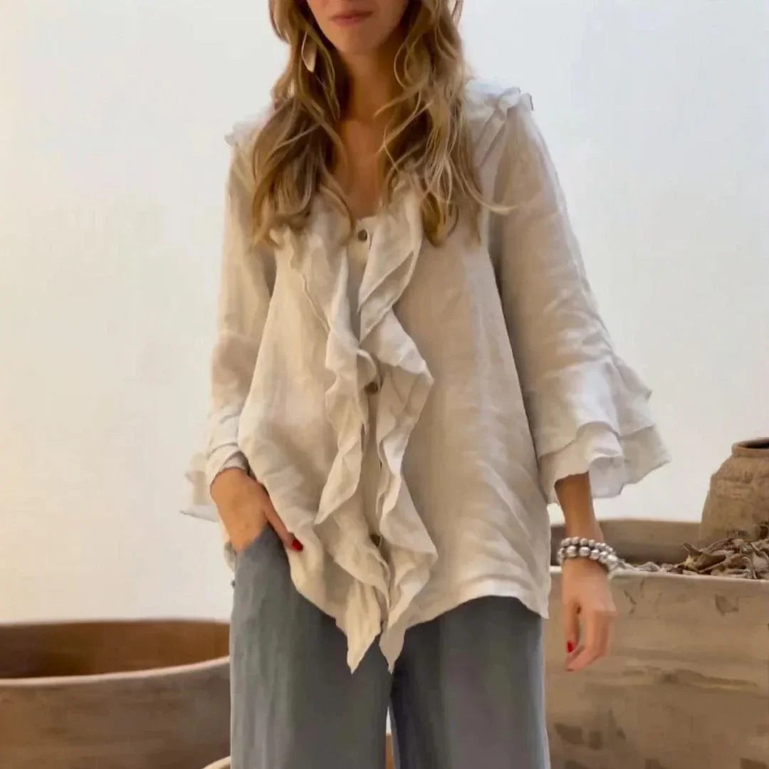 BELLE COTTON-LINEN RUFFLED BLOUSE