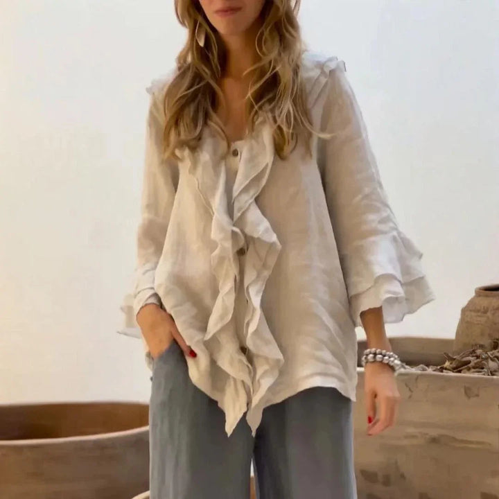 BELLE COTTON-LINEN RUFFLED BLOUSE