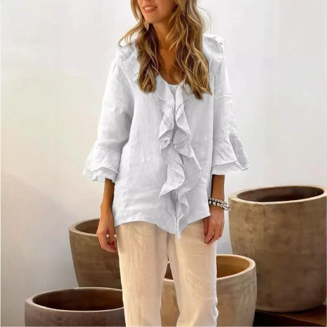 BELLE COTTON-LINEN RUFFLED BLOUSE