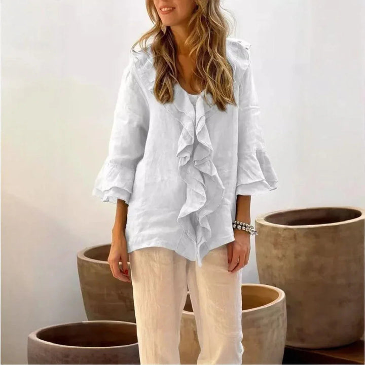 BELLE COTTON-LINEN RUFFLED BLOUSE