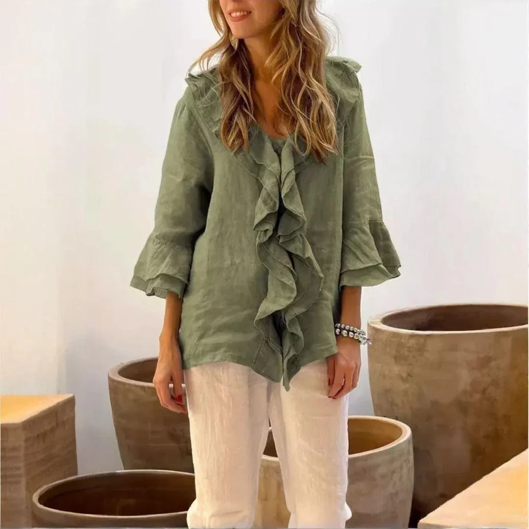 BELLE COTTON-LINEN RUFFLED BLOUSE