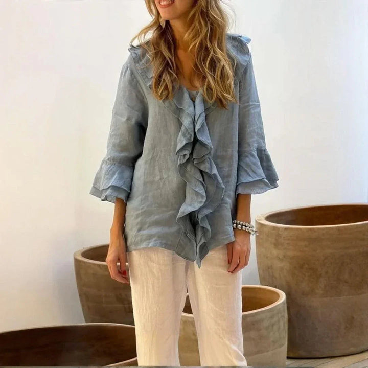 BELLE COTTON-LINEN RUFFLED BLOUSE