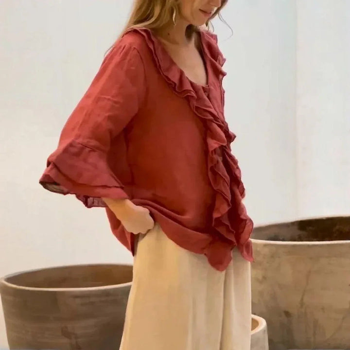 BELLE COTTON-LINEN RUFFLED BLOUSE