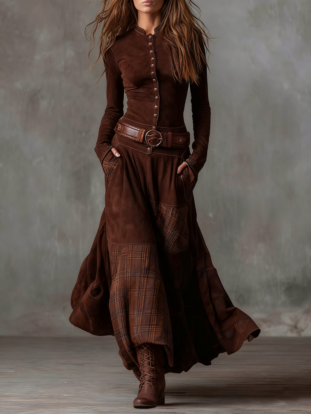 CHARLOTTE SUEDE PLAID MAXI DRESS