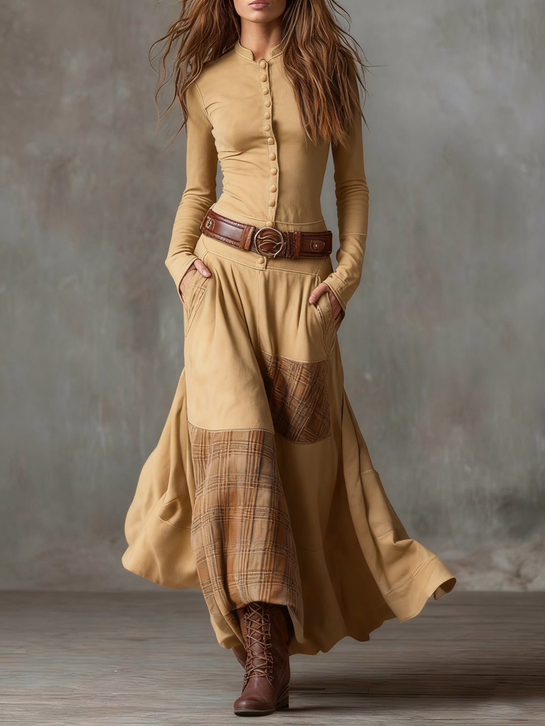 CHARLOTTE SUEDE PLAID MAXI DRESS