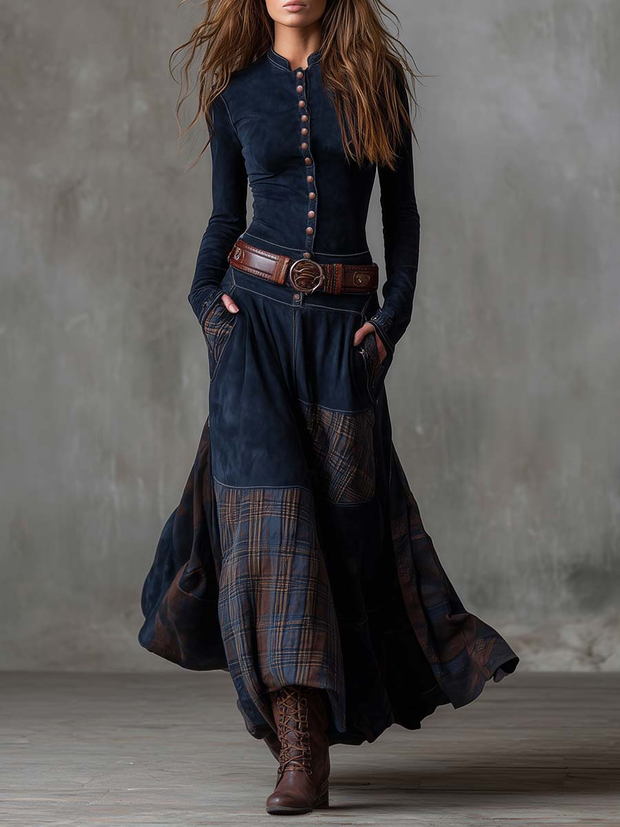 CHARLOTTE SUEDE PLAID MAXI DRESS