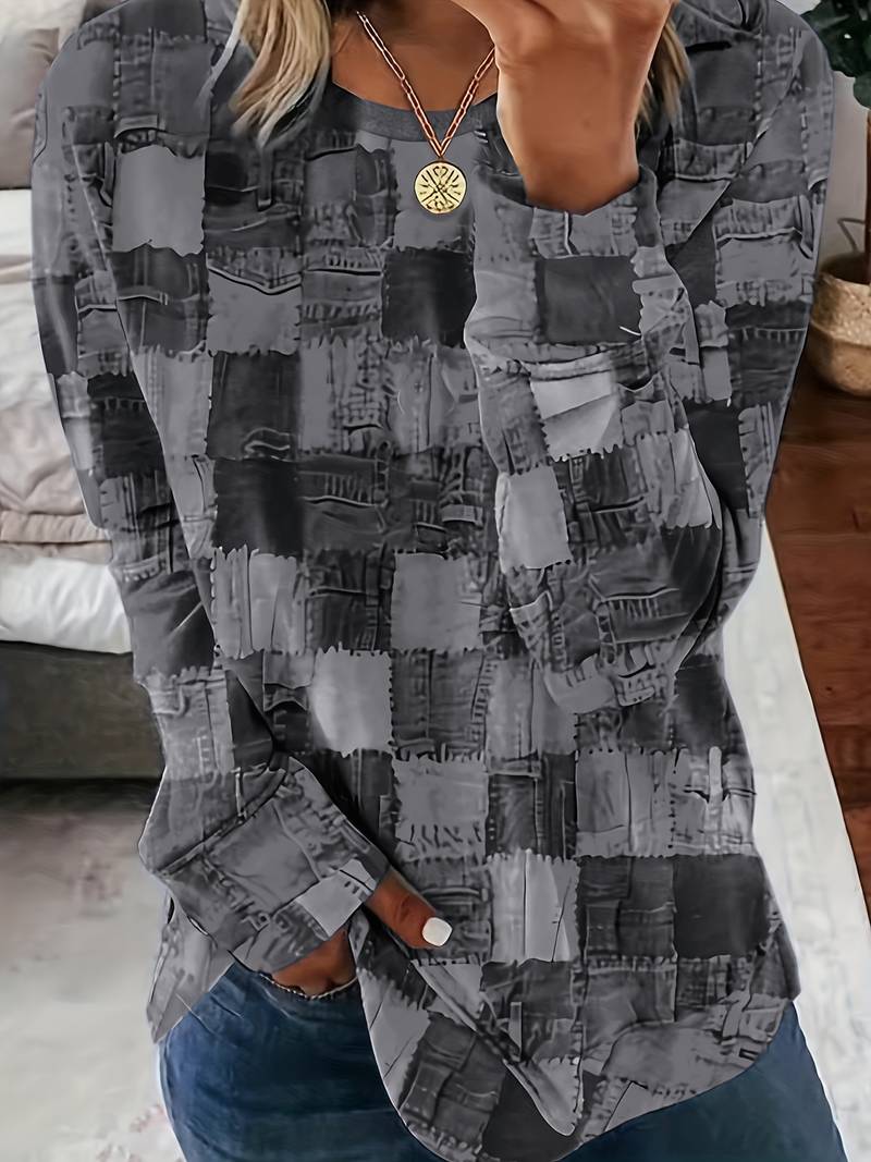 TALYA CASUAL LONG-SLEEVE PLAID PATCHWORK TOP