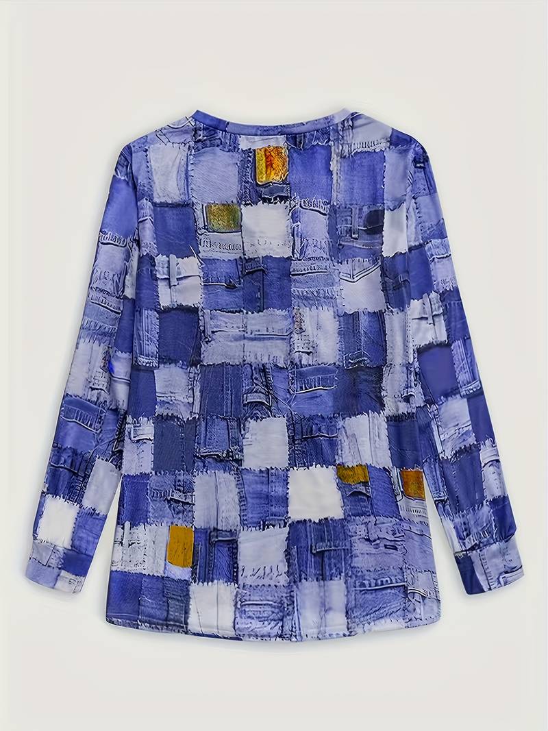 TALYA CASUAL LONG-SLEEVE PLAID PATCHWORK TOP
