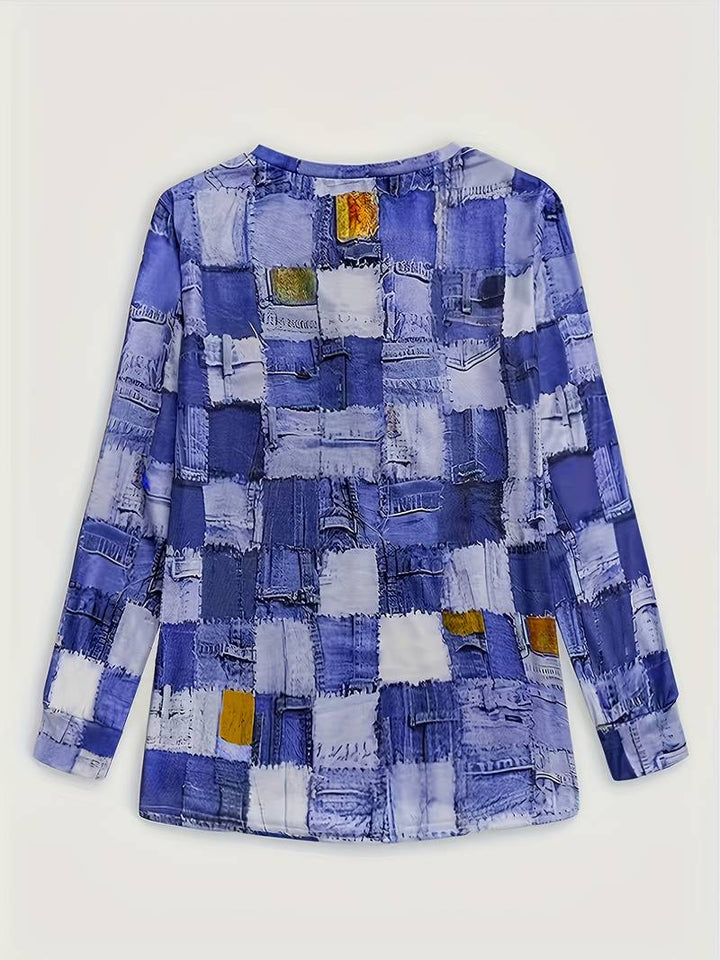 TALYA CASUAL LONG-SLEEVE PLAID PATCHWORK TOP