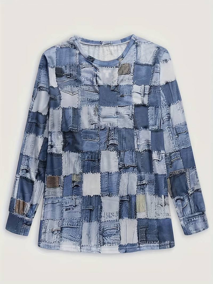 TALYA CASUAL LONG-SLEEVE PLAID PATCHWORK TOP