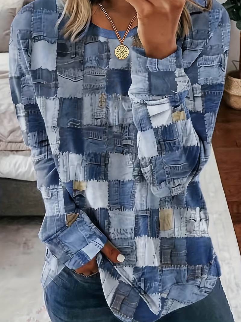 TALYA CASUAL LONG-SLEEVE PLAID PATCHWORK TOP