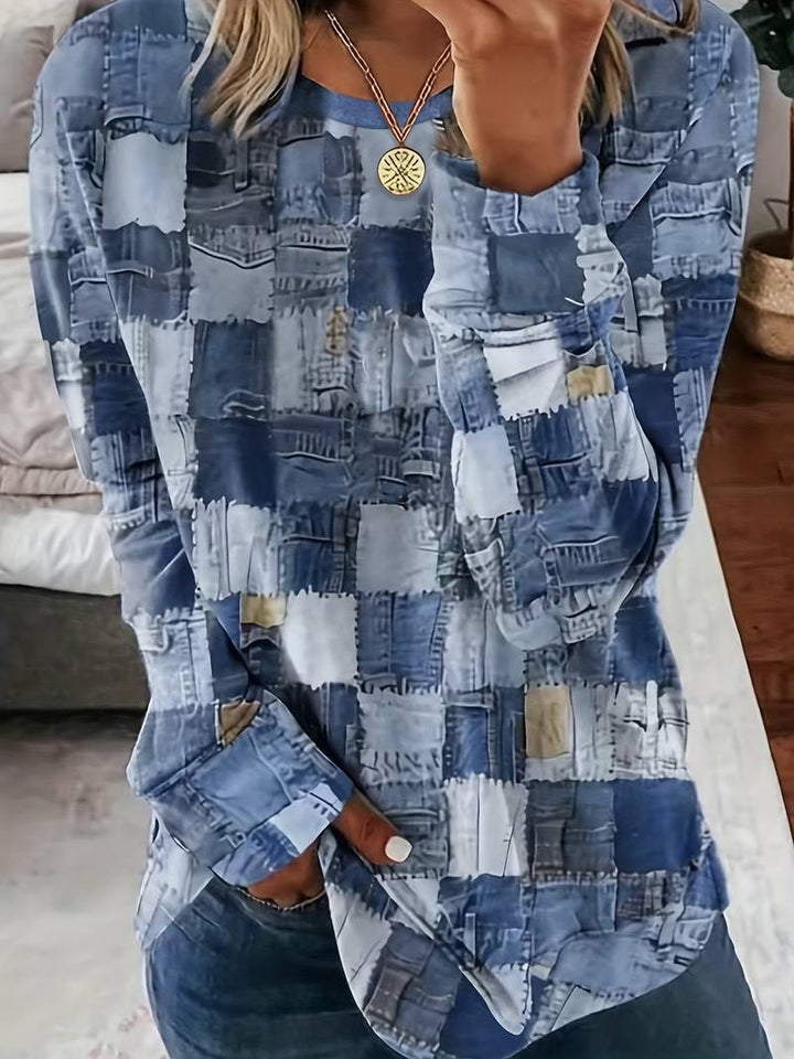 TALYA CASUAL LONG-SLEEVE PLAID PATCHWORK TOP