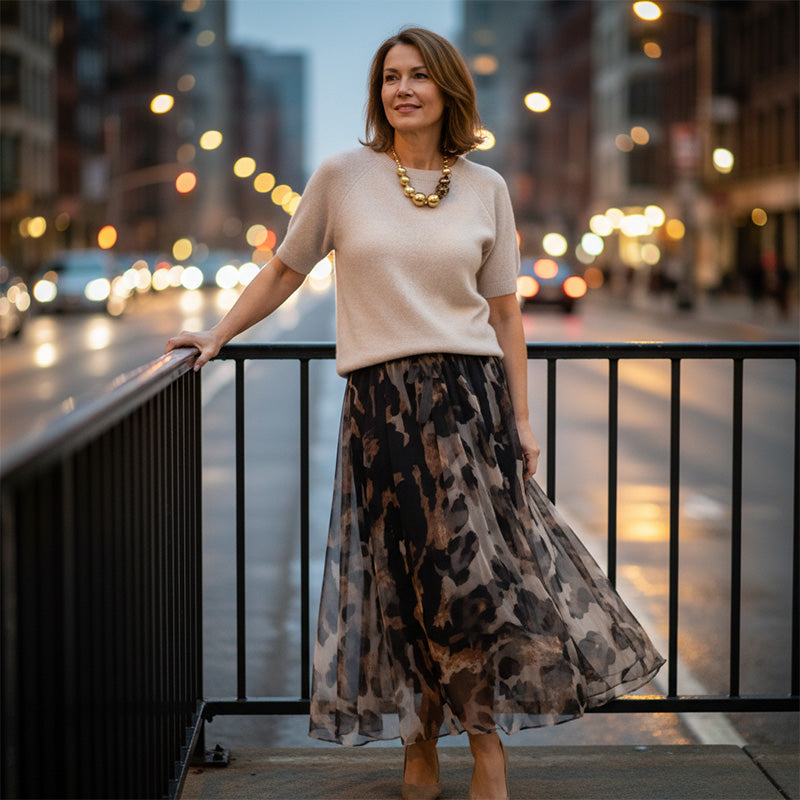 ORLI ELEGANT SWEATER & FLORAL LEOPARD SKIRT SET